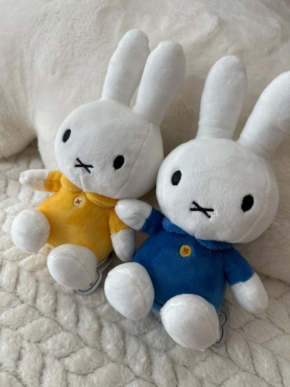 Miffy Plush Bunny Pair, Yellow and Blue Outfits, Dick Bruna